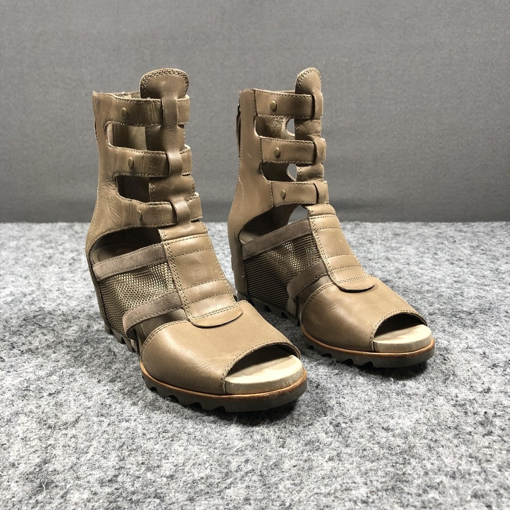 Sorel Joanie Gladiator Wedge Sandals Womens 9.5 Beige Leather Zip NL2458-227